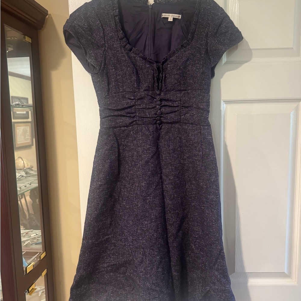 Nanette Lepore Purple Ruched tweed dress a we’re with Puff Cap Sleeves